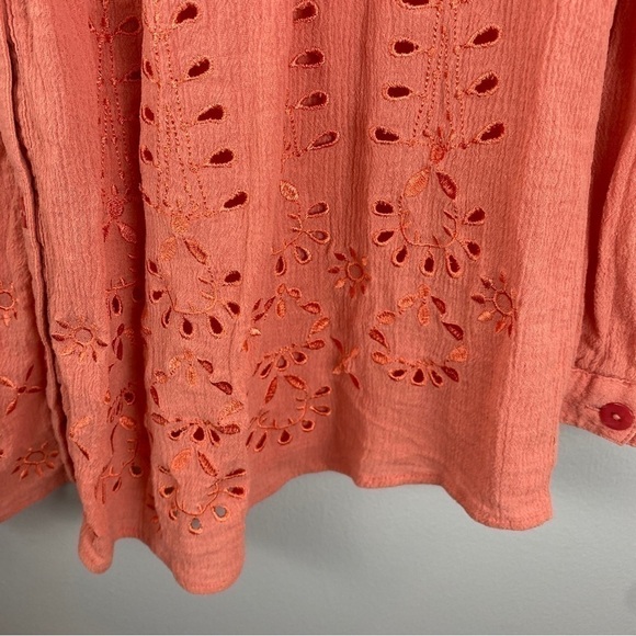 Soft Surrounding Glam Gauze Button Down Eyelet Roll Tab Sleeve Tunic Top Small - Picture 5 of 7